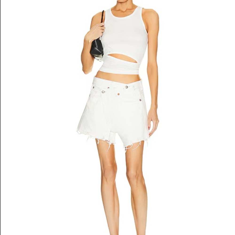 R13 crossover waist denim shorts; size 28